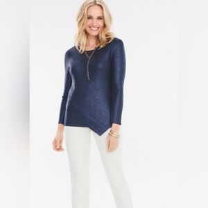 Chico's Sweater Large Metallic Blue Foil Silver Sz 2 Ribbed Criss Cross Pullover